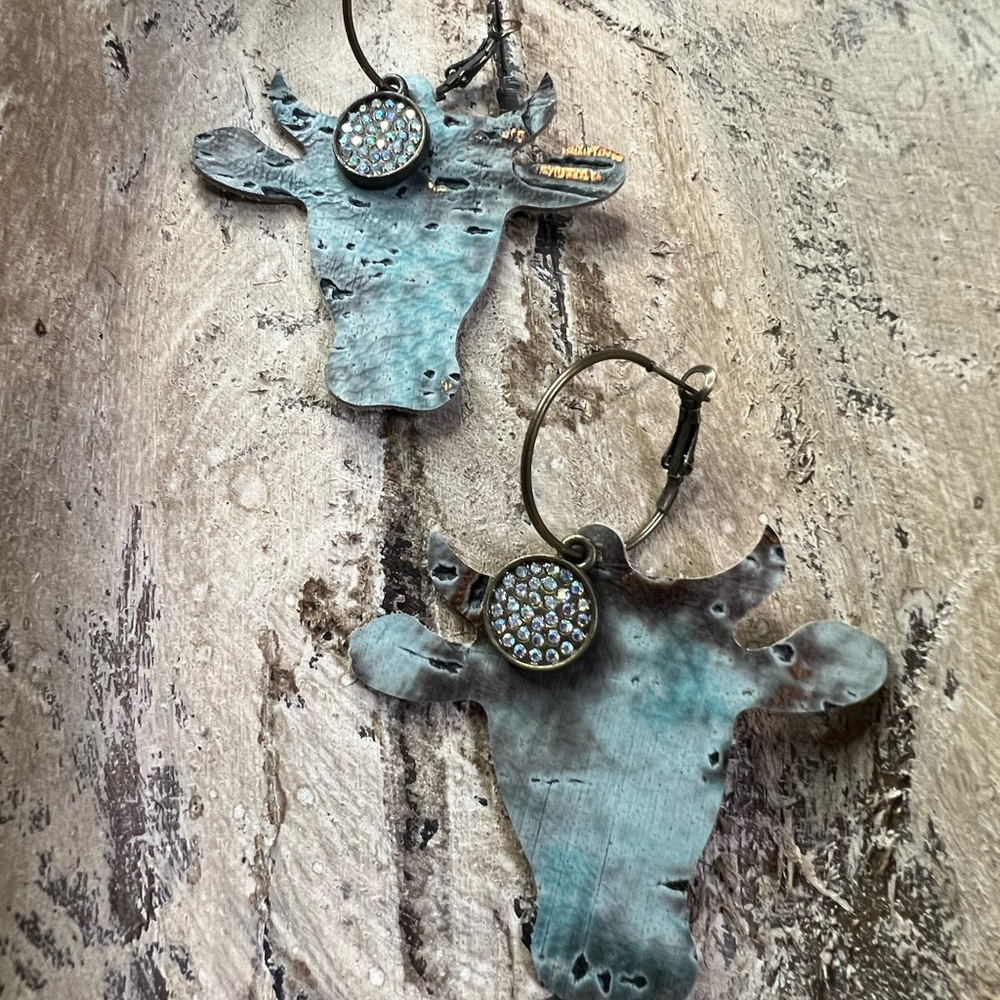 Rustic Western‎ Steer Dangle Earrings | Handmade Boho Cowgirl Blue Hook | NEW - Picture 3 of 5